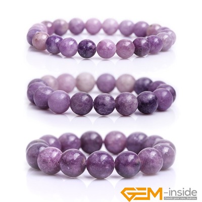 Natural Tourmaline Purple Lepidolite Round Beaded Jewelry Stretch Bracelet 7'' YB