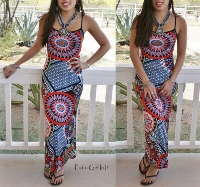 New Womens BLUE RED MULTI SPICY FIESTA STRAPLESS MAXI TANK DRESS BOHO S M L