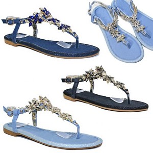 SCARPE Donna Sandali Laminati flat Infradito Gioiello Pietre Fiori Bassi B93 | eBay