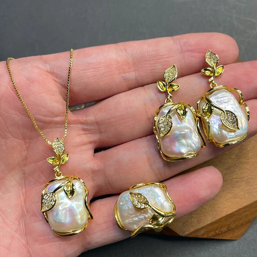 South Sea White Baroque Keshi Pearl Gold Hook Earrings+Ring+Pendant Necklace Set