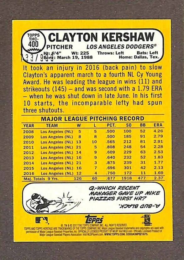 2017 Topps Heritage Chrome #THC-400 Clayton Kershaw /999 - Image 2 of 3