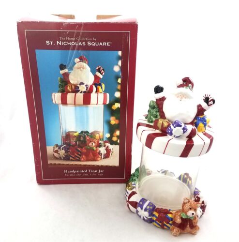 St Nicholas Square Handpainted Christmas Treat Candy Jar Canister Santa Bear - Picture 1 of 11