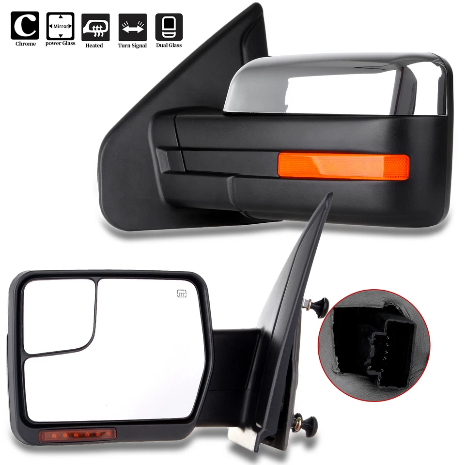 Espejo retrovisor de remolque con señal LED de charco térmico eléctrico cromado lado del conductor para Ford F150 04-14 Foto 2 de 4