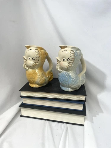 Shawnee Pottery USA Blue Orange Chickadee Pitcher Planter Mid Century Pair 2 Vtg