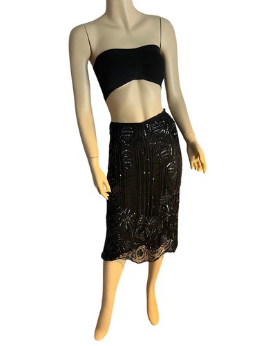 RALPH LAUREN Black Label Cocktailrock Perlen Pailletten Mesh romantisch Midi Länge