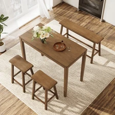 Farmhouse Dining Table Set for 4 with Bench 2 Chairs Counter Height Solid Wood