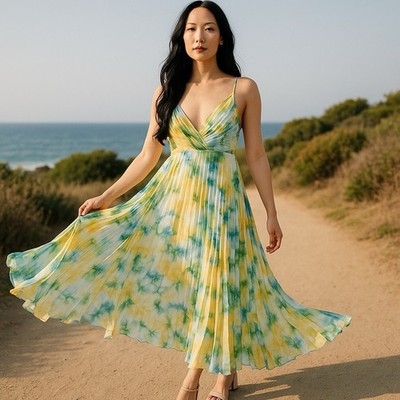 Misa Los Angeles Water Color Print Galeta Maxi Dress Pleated Sheer Sz M Resort