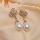 Sea Shell Pearl Gold Plated Cz Pave Stud Drop Earrings Gifts