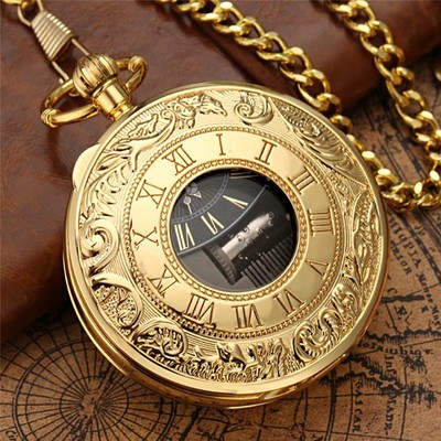 Castle in the Sky Musical Pocket Watch Gold & Black Roman Case Music Box Gift