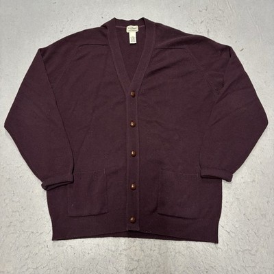 LL Bean Lambswool Cardigan Mens Large Tall Maroon Red Leather Buttons Knit Wear