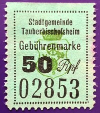 Stadt Tauberbischofsheim Geb&uuml;hrenmarke 50 Reichpfennig vor 1945