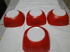 4 Red Pyrex Small Square Bowls, 4&5/8" Diam. Exc. Cond.