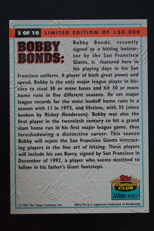 1993 Topps Stadium Club Ultra Pro  BOBBY BONDS /150000 - Image 2 of 2