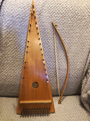 Wood zither/ bow psalters string instrument, natural finish, with bow ...