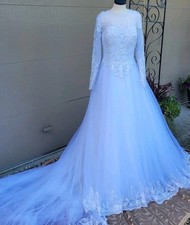 Unique, Elegant,  Modest style Wedding Gown With Stunning Beaded Lace, Sz Large