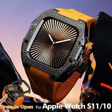 Luxury Diamond Press to Open Metal Case Rubber Band For Apple Watch 11 10 46mm
