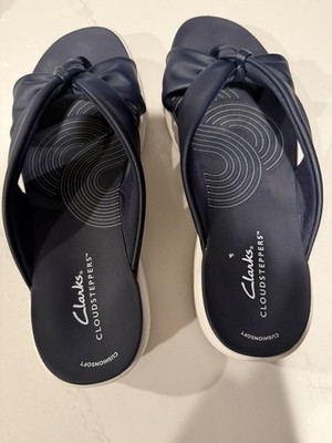 Clarks Cloudsteppers Drift Ave Navy Blue Wedge Slip On Sandals Size 8.5