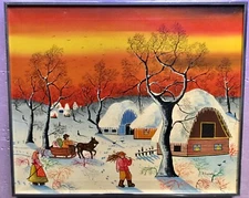 Gorgeous Colorful Folk Naïf Art Painting by Polish - Poland Artist D. Lipinski.