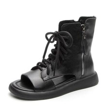 Women Summer Open Toe Leather Ankle Boots Flat Heel Sandals Gladiator Roman Boot