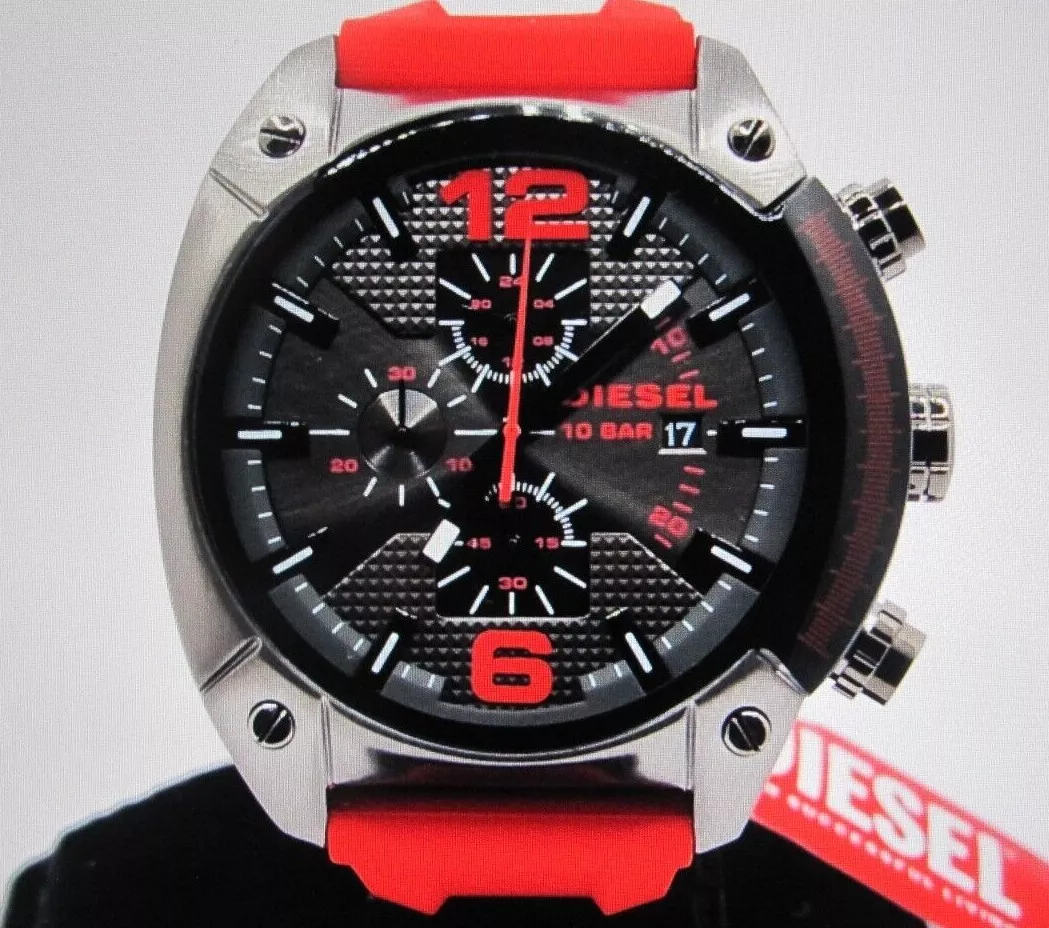 Diesel Brand New Men Overflow Chronograph Watch Black Dial Red Silicone NWT 220