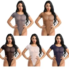 Sexy Women Sheer Mesh Bodysuit High Cut Leotard Thong Romper Teddy Lingerie