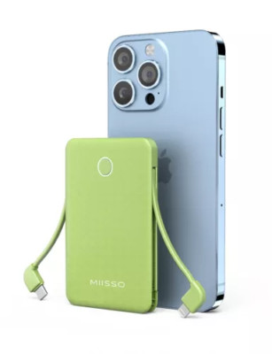 Miisso 6000mah Ultra Slim Built in Cables Power Bank Card Size USB C Cords Green