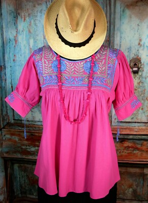 Peasant Blouse Hand Embroidered Flowers Pink Cotton Fabric Mayan Chiapas Mexico