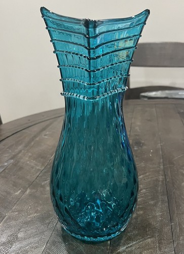 Blenko 1110 Optic Vase Seabreeze Blue 10.5” Applied Clear Swirl - Picture 3 of 9