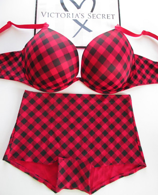 VICTORIA'S SECRET PINK Super Push-Up Bra and Panty Set VS Red Plaid 36D 38D 40B