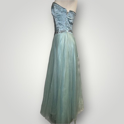 Vintage Dress 1930s Strapless Beaded Ball Gown Light Blue Chiffon Rhinestones J - Picture 2 of 13