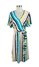 Lane Bryant NEW Plus Pink Blue Yellow Stripe Flowing V Neck Midi Dress Size 16