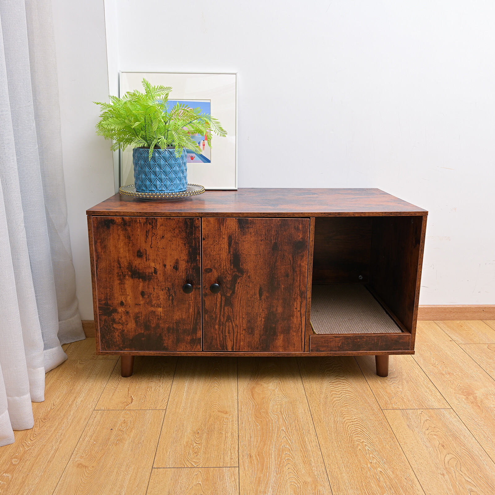 3 in 1 Multifunctional Cat Box w/ 2Doors Hide Cat Litter Box