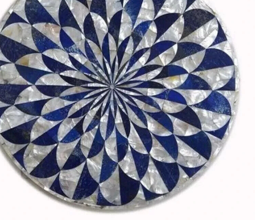 24" Round Top Marble Coffee Table Handmade Lapis & Mop Inlaid Stone Home Decor - Picture 2 of 9