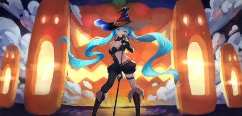 Anime Halloween Hexenmütze Kürbis Aqua Augen Cyan Haar Spielmatte Spielmatte Schreibtisch