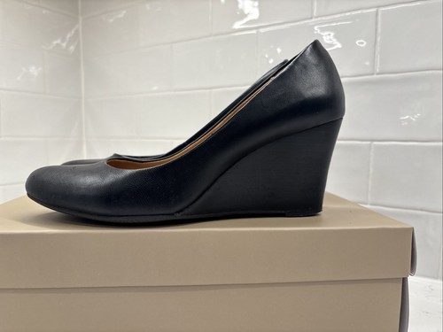 Nine West Heels 6.5 Black 3" Wedge Highway Classic Pumps Almond Toe Faux Leather