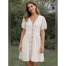 NEW LOFT Linen Blend Striped Button-Front 14 Dress Beige/White Coastal Grandma