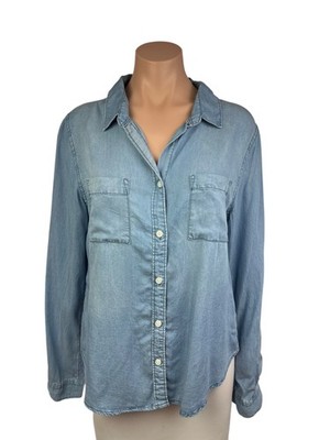 Thread Supply Size L Blue Blouse Button Front Collared 100% Tencel Long Sleeve