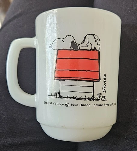 Vintage 1970s Fire King  SNOOPY Mug "I Think I'm Allergic to Morning" Milk Glass