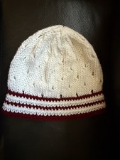 Handmade White Slouch Knit Crochet Beanie Hat with Burgundy Stripes Lightweight