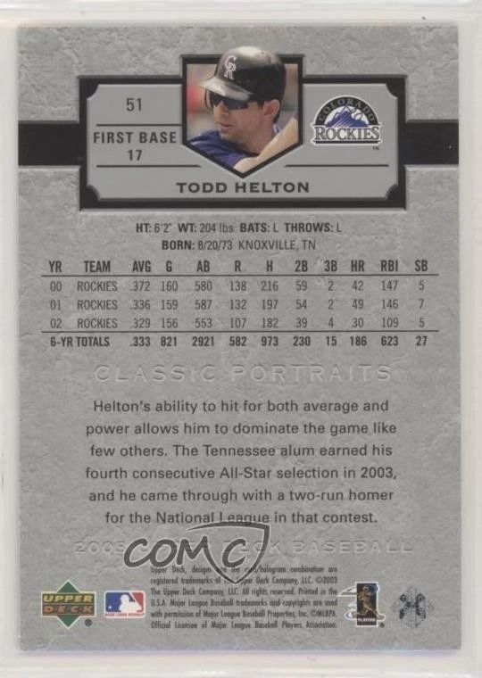 2003 Upper Deck Classic Portraits Todd Helton #51 HOF - Image 2 of 2