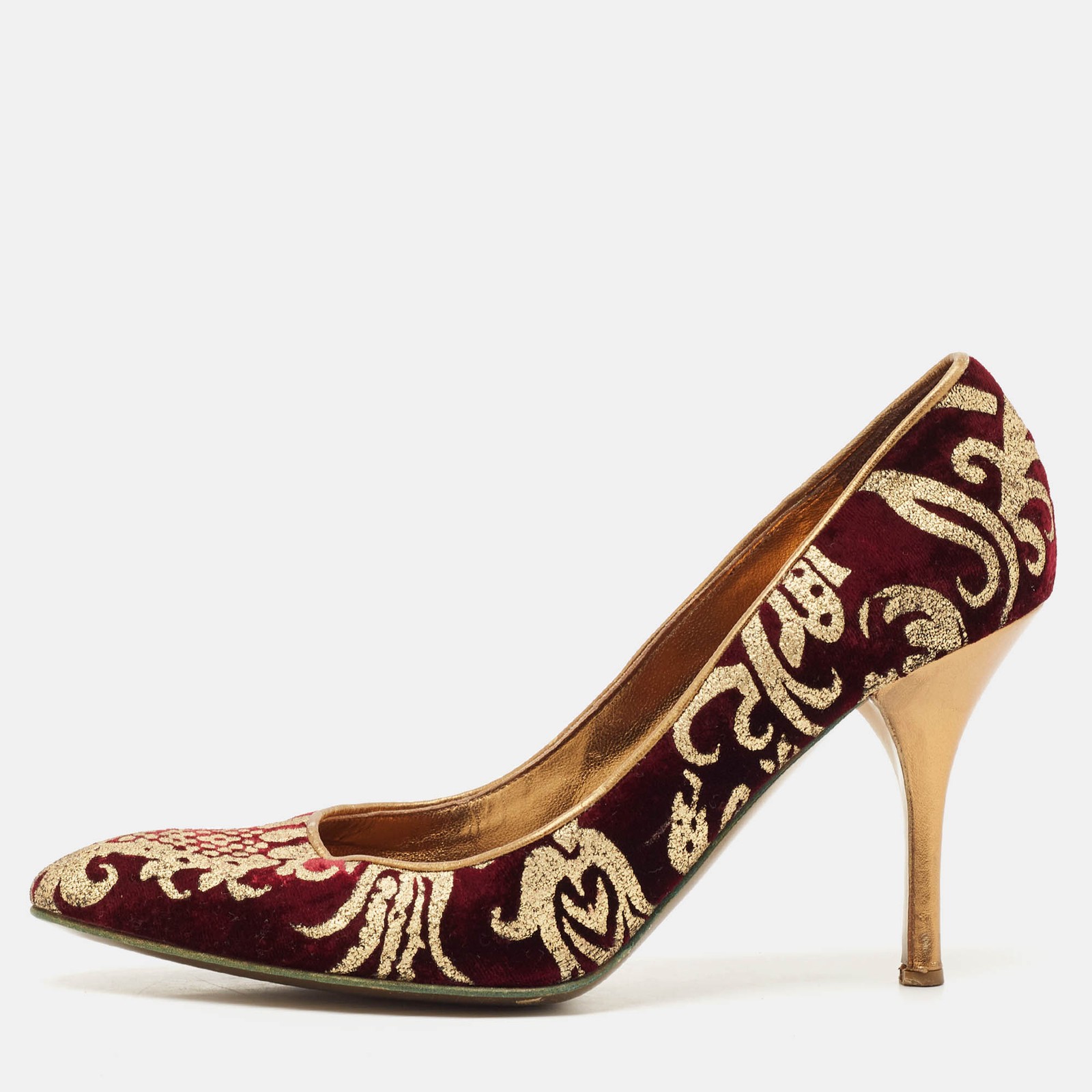 Roberto Cavalli Burgundy Gold Leather Velvet Round Toe Pumps Size 38.5