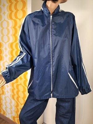 True Vintage 80er Jeantex Regenjacke Windbreaker navy weiß Kapuze packable Nylon