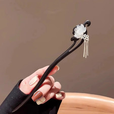 1PC Chinese- Style Wooden Hair Stick with Jade Flower Tassels, Elegant Hair Ac