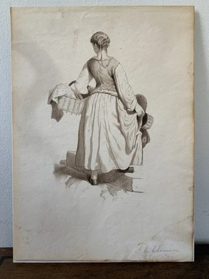 Antik 1857 Studie einer Frau mit Waschung F. Osborne Aquarell Gemälde - Bild 1 von 4