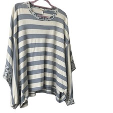 Bucket List Top LT BLUE White Stripes Blue Leopard Trim/Sleeves OVERSIZED SIZE S