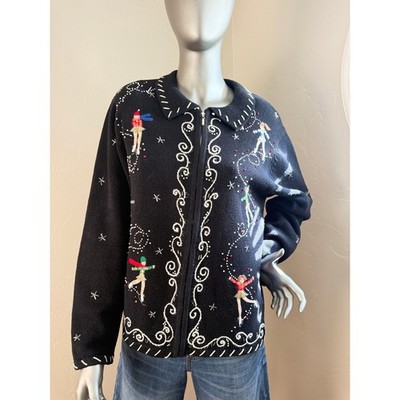 Vintage Erika Zip Cardigan Black Embroidered Beaded Winter Ice Skaters Sweater M