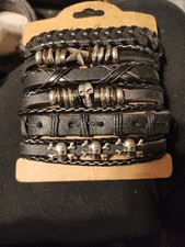 6 PC Leather Punk Bead Skulls Bracelet Stackable Adjustable