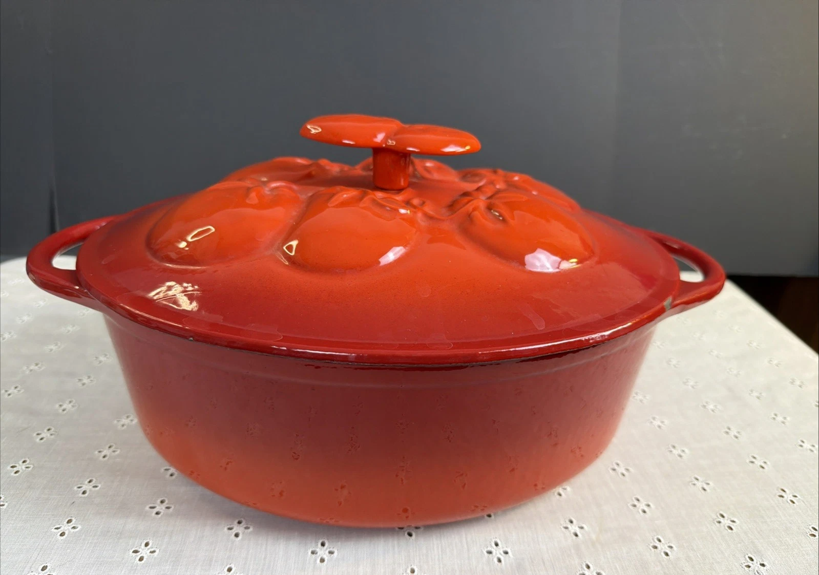 Technique 5 Quart Red Enameled Cast Iron Dutch Oven Covered Pot with Tomato Lid
