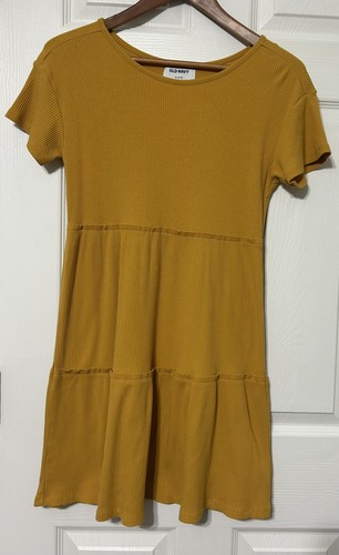 OLD NAVY Girls Mustard Yellow Ribbed Knit Dress Short Sleeves Tiered XL 14-16