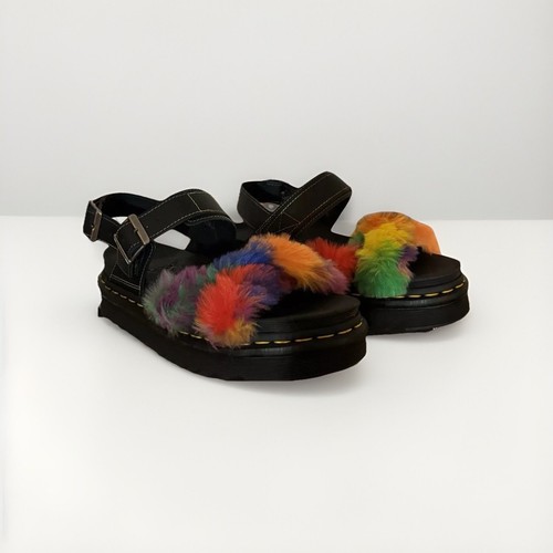 NIB Doc Martens VOSS II FLUFFY Faux Fur Leather Sandals Rainbow Platform 7 Retro - Picture 1 of 3